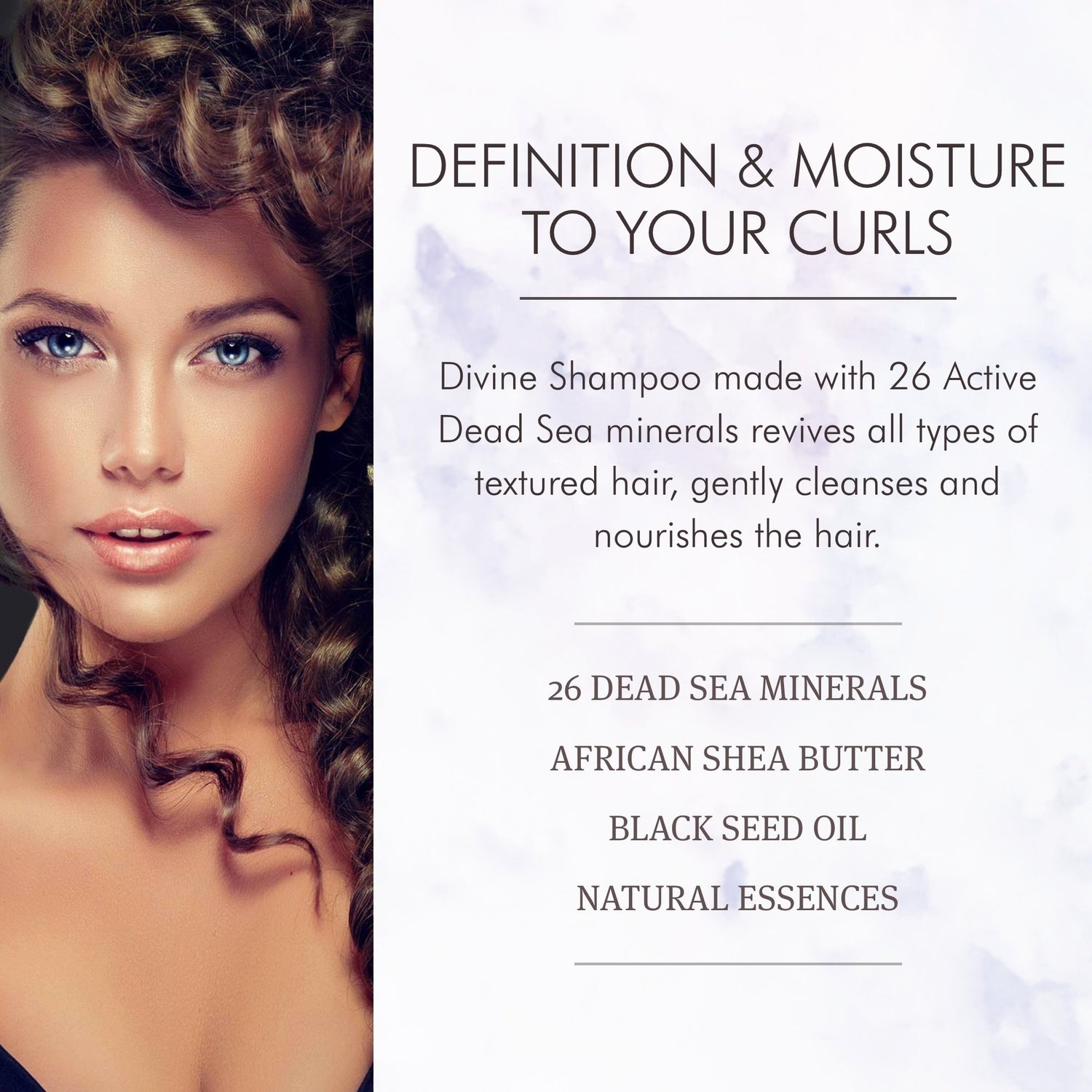 Saphira Divine Shampoo gives Definition & Moisture to Your Curls, with 26 Dead Sea Minerals, African Shea Butter, Black Seed Oil and Natural Essences.