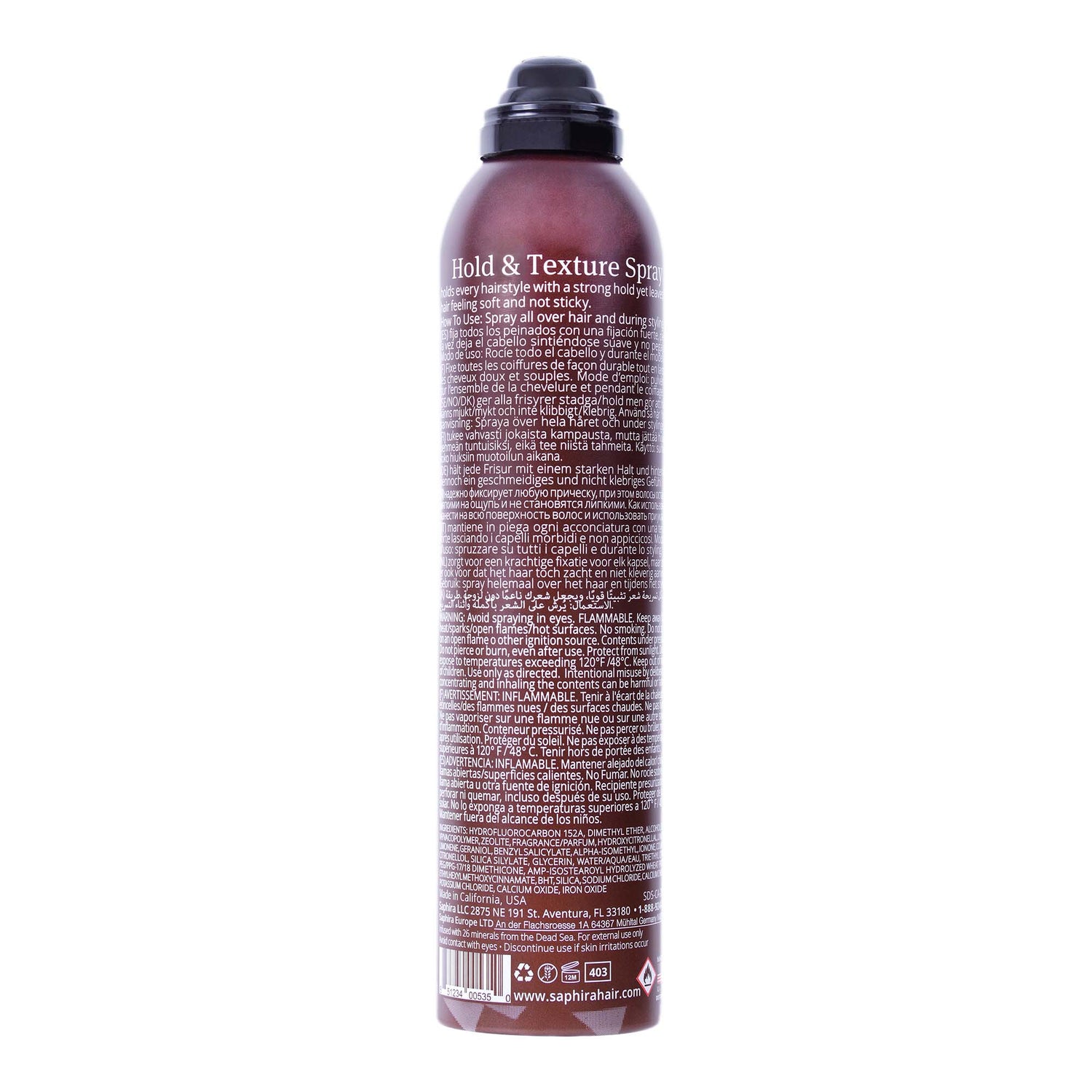 Saphira Hold & Texture Spray back label + ingredients list